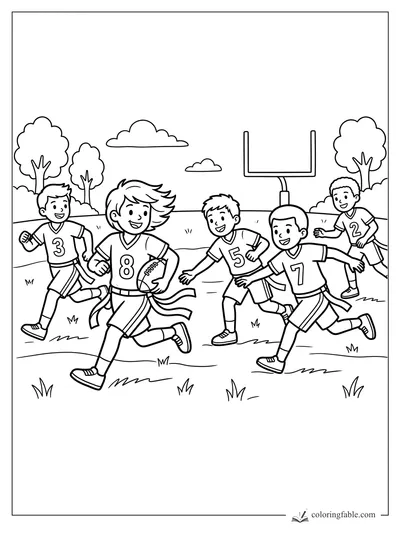 Kids playing flag football as number 8 runs with the ball toward the goalpost