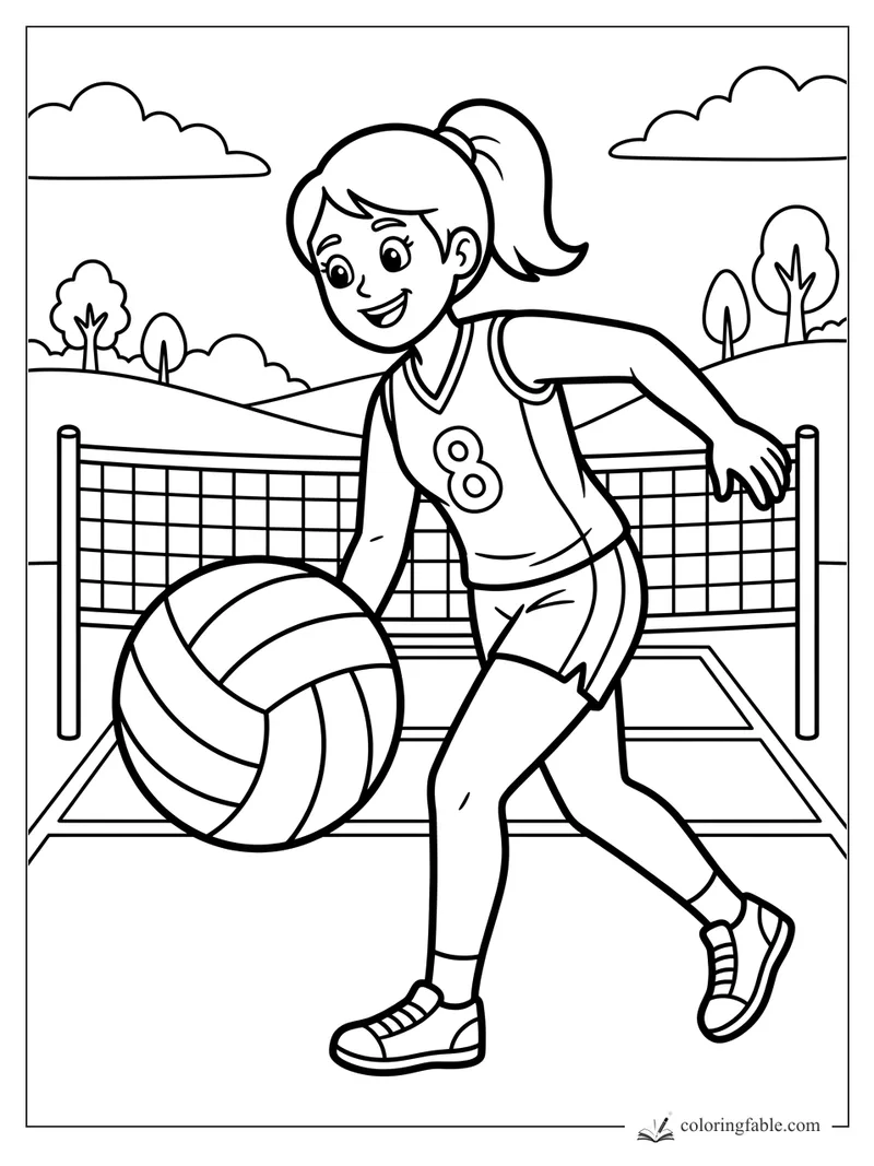 Girl in jersey 8 dribbles a volleyball beside an outdoor net with hills, trees, and clouds.