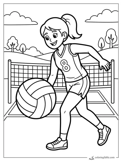 Girl in jersey 8 dribbles a volleyball beside an outdoor net with hills, trees, and clouds.