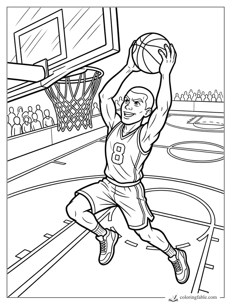 Cartoon basketball player number 8 leaping for a dunk beside the hoop in a packed arena