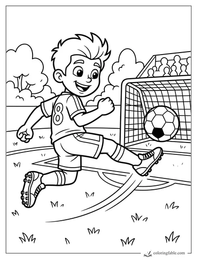 Cartoon soccer player in a number 8 jersey kicking a ball into a net on a grassy field.