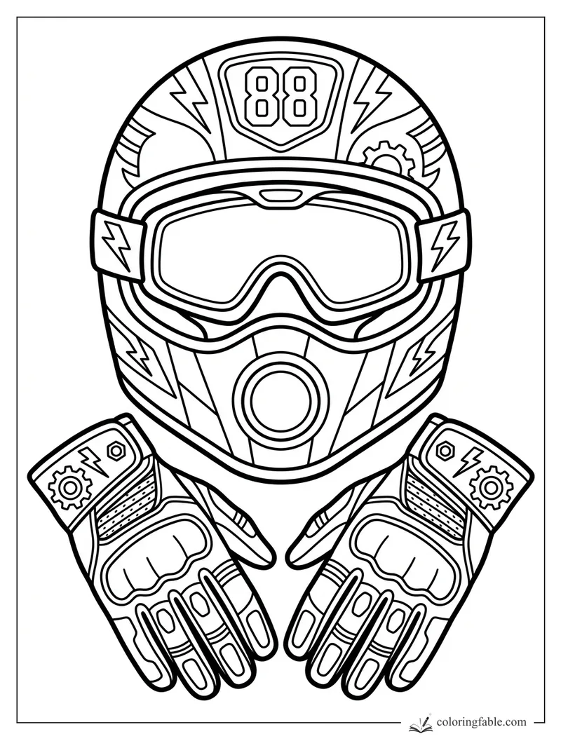 Sticker-style motocross helmet with goggles, number 88, lightning bolts, gears, and padded gloves.