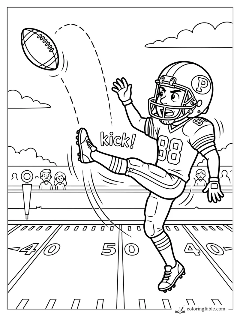 Cartoon football player number 88 kicking a ball at the 50-yard line as fans watch from the stands.