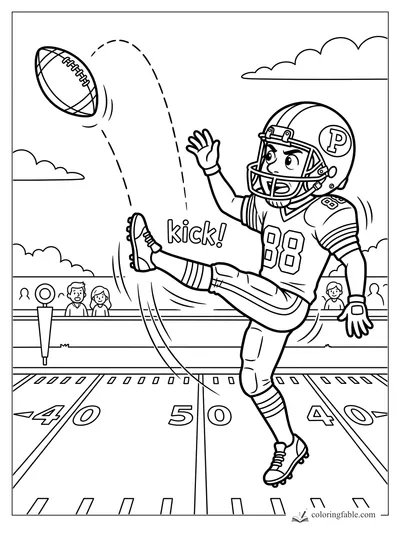 Cartoon football player number 88 kicking a ball at the 50-yard line as fans watch from the stands.