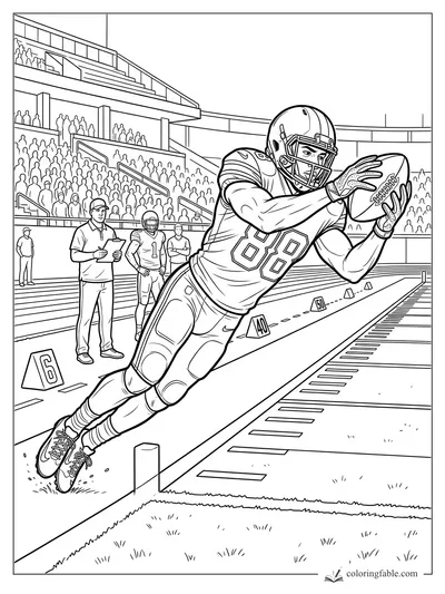 Football player number 88 dives for a sideline catch in a stadium as a coach watches with a clipboard.