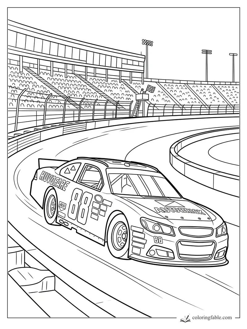 Number 88 stock car rounds an oval track as a flagman waves the checkered flag by empty grandstands.