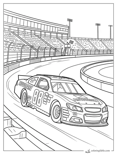 Number 88 stock car rounds an oval track as a flagman waves the checkered flag by empty grandstands.