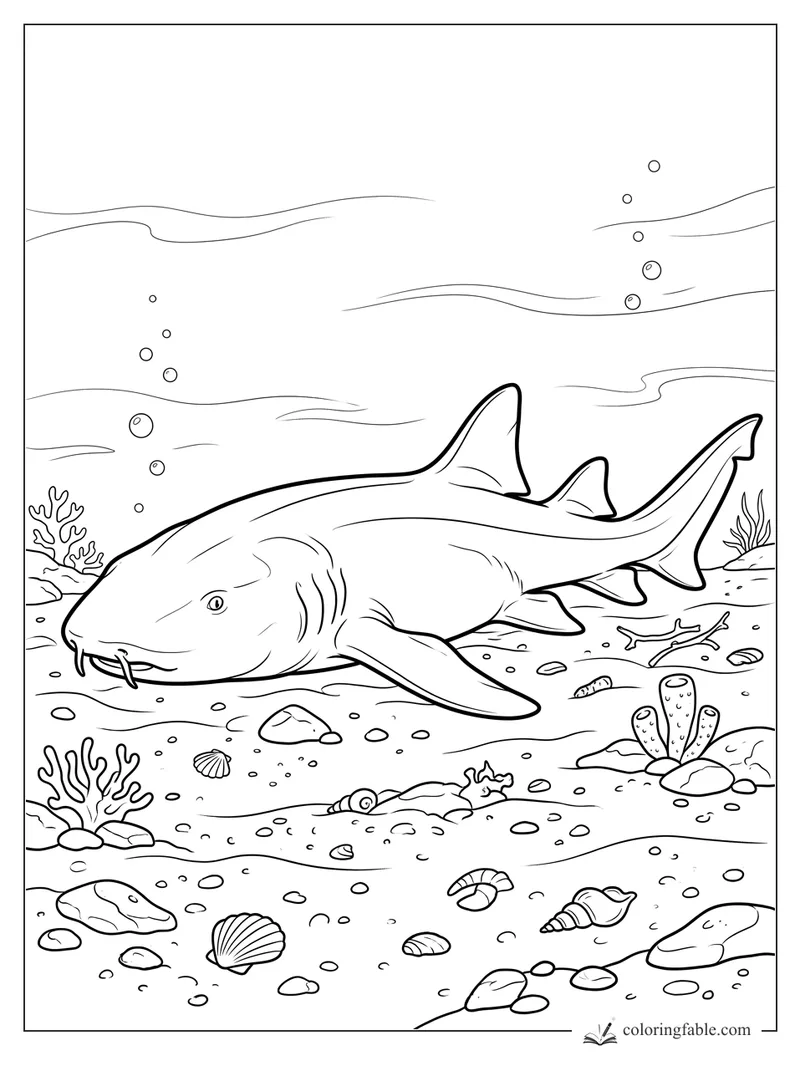 Realistic nurse shark with barbels swimming over shells, coral, rocks, and bubbles on the seafloor