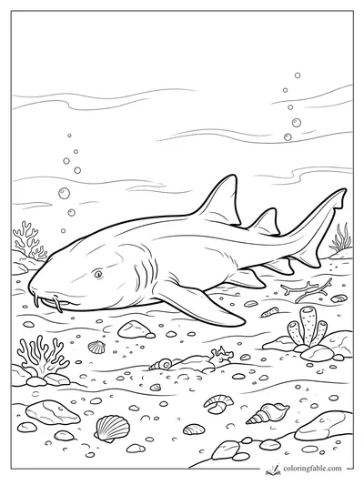 Realistic nurse shark with barbels swimming over shells, coral, rocks, and bubbles on the seafloor