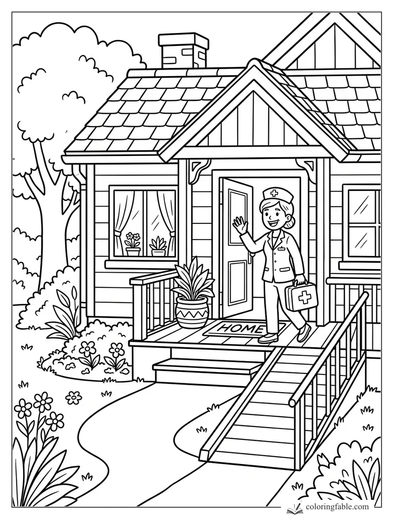 Cartoon nurse waving at an open front door with medical bag, porch ramp, flowerpots, and tiled roof.
