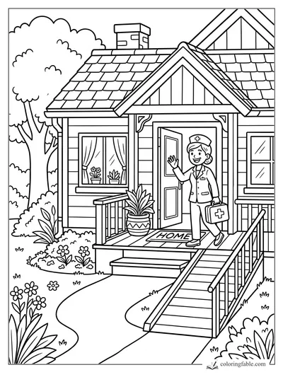 Cartoon nurse waving at an open front door with medical bag, porch ramp, flowerpots, and tiled roof.