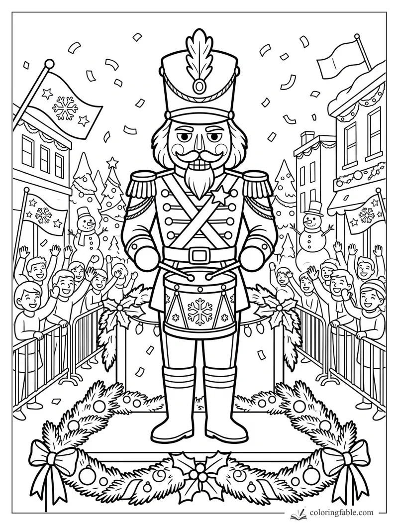 Nutcracker drummer marching between cheering crowds, snowmen, flags, garlands, and falling confetti.