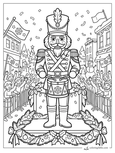 Nutcracker drummer marching between cheering crowds, snowmen, flags, garlands, and falling confetti.