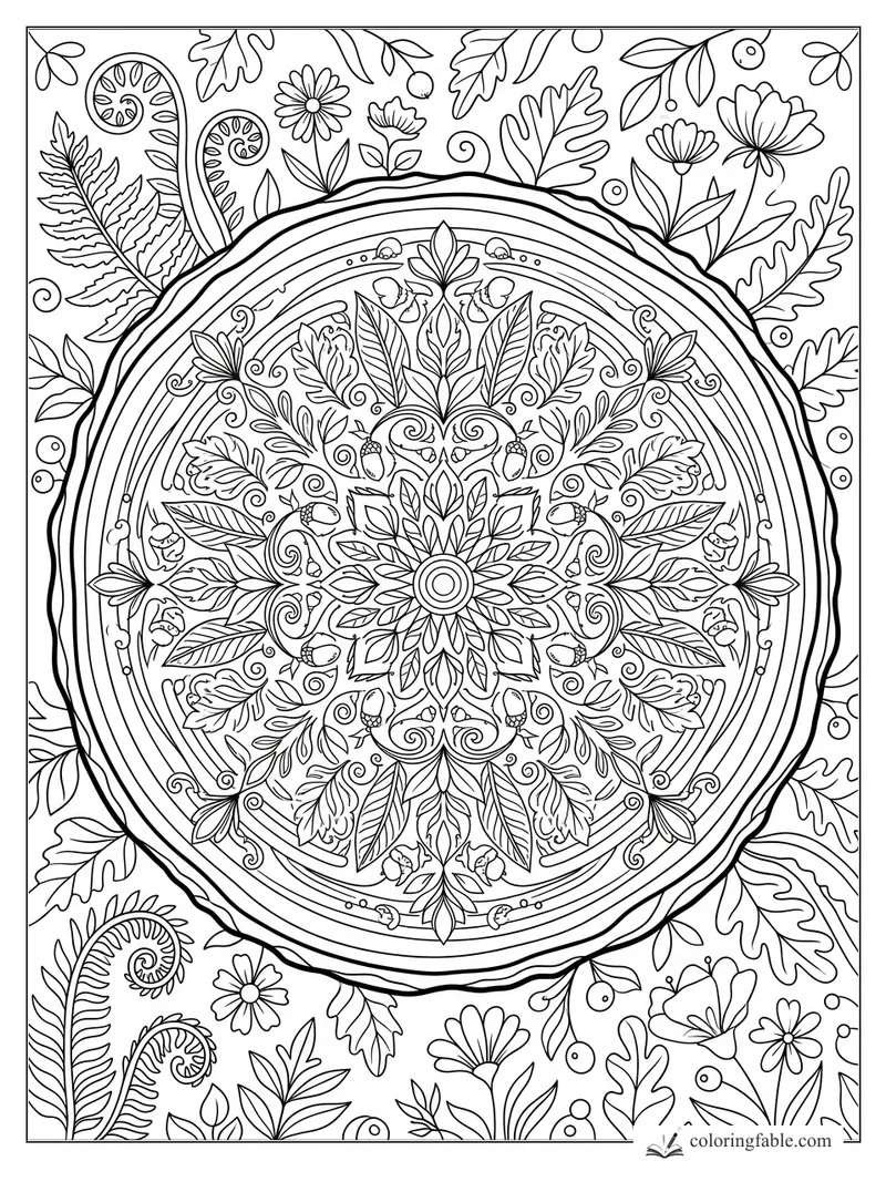 Intricate tree mandala with oak leaves, acorns, ferns, flowers, berries, and concentric rings.
