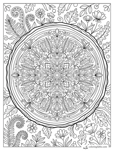 Intricate tree mandala with oak leaves, acorns, ferns, flowers, berries, and concentric rings.