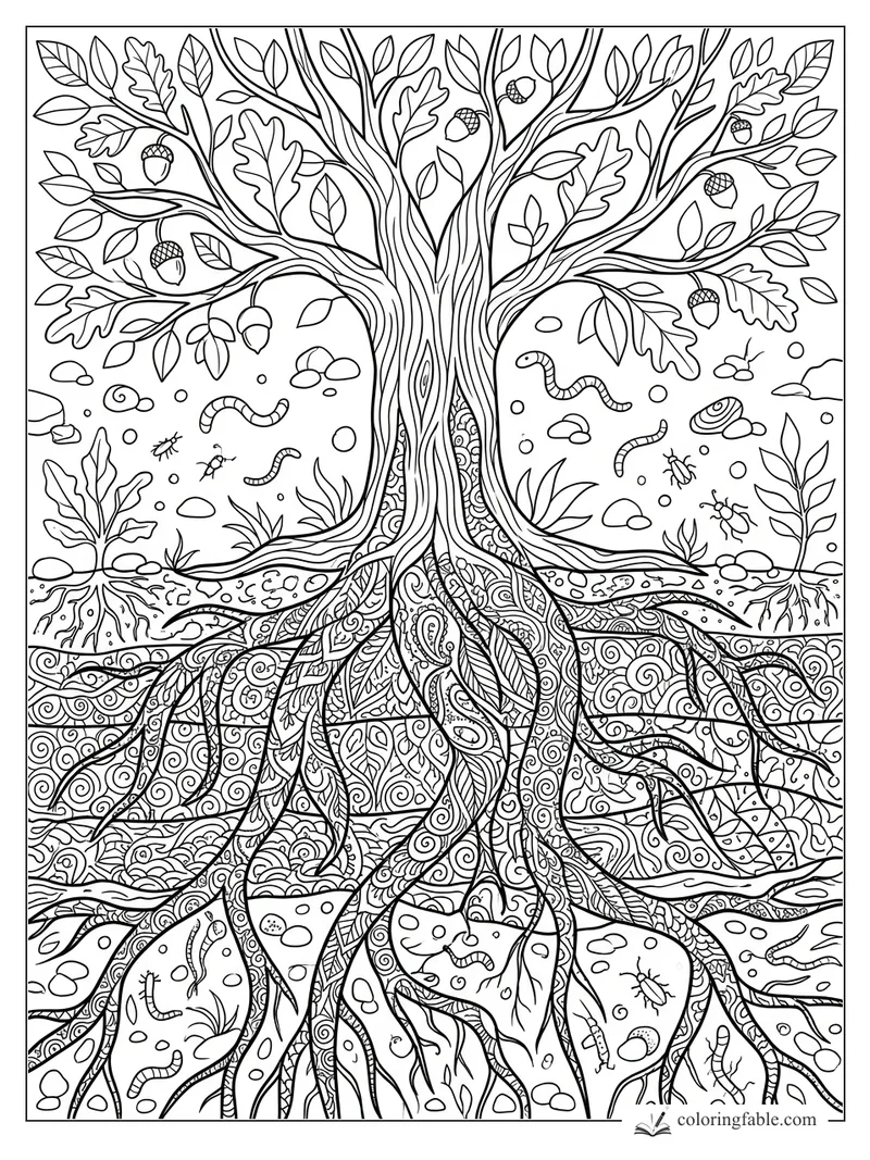 Intricate zentangle oak tree with acorns, leaves, worms, beetles, roots, stones, and swirling soil patterns.