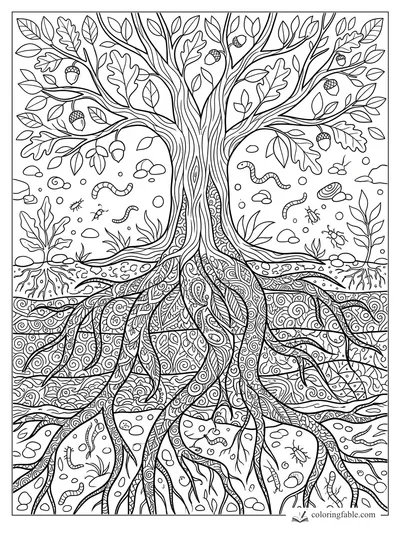 Intricate zentangle oak tree with acorns, leaves, worms, beetles, roots, stones, and swirling soil patterns.
