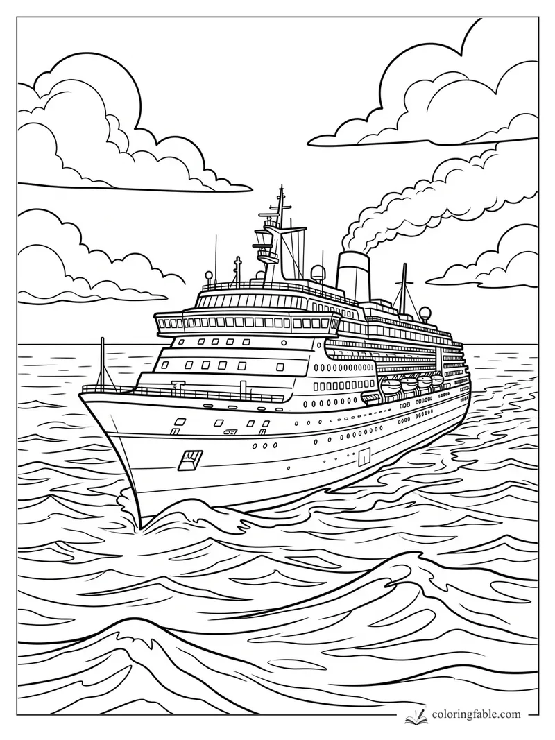 Large ocean liner with smokestack, lifeboats, rows of windows, rolling waves, and big clouds.