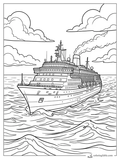 Large ocean liner with smokestack, lifeboats, rows of windows, rolling waves, and big clouds.