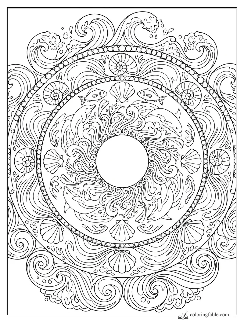 Intricate ocean mandala with dolphins, fish, seashells, pearl rings, and curling waves