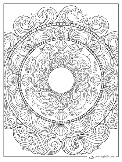 Intricate ocean mandala with dolphins, fish, seashells, pearl rings, and curling waves