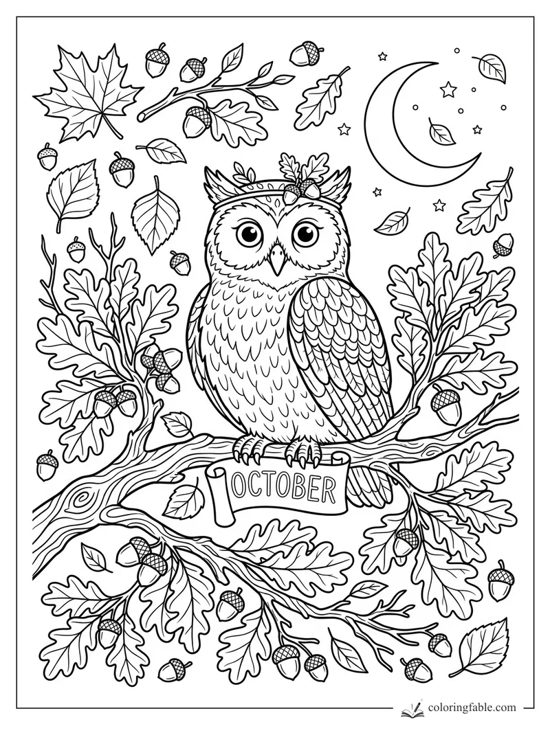 October owl coloring page with oak leaves, acorns, crescent moon, stars, and a banner
