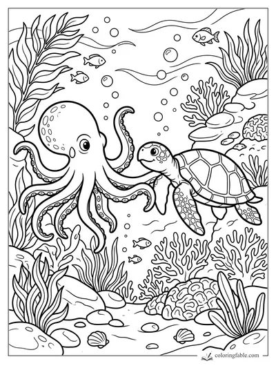 Smiling octopus meets a sea turtle among coral, seaweed, bubbles, shells, and small fish