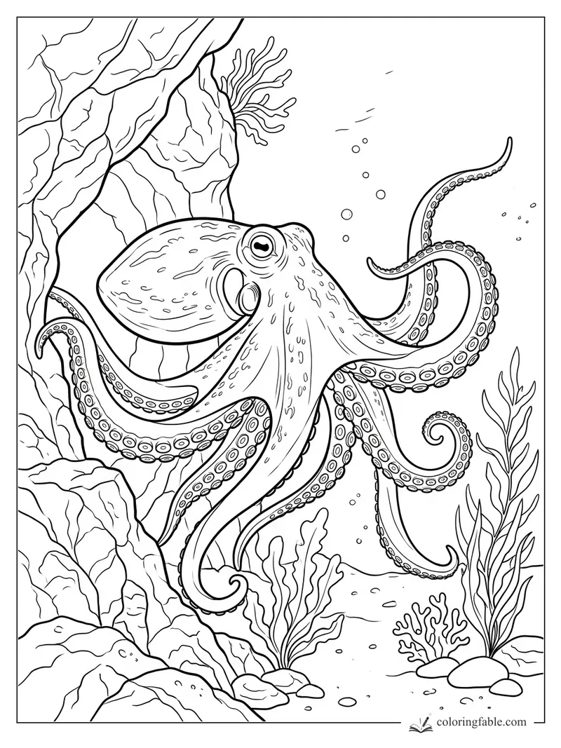 Realistic octopus with curling tentacles swimming beside rocks, kelp, coral, and bubbles.