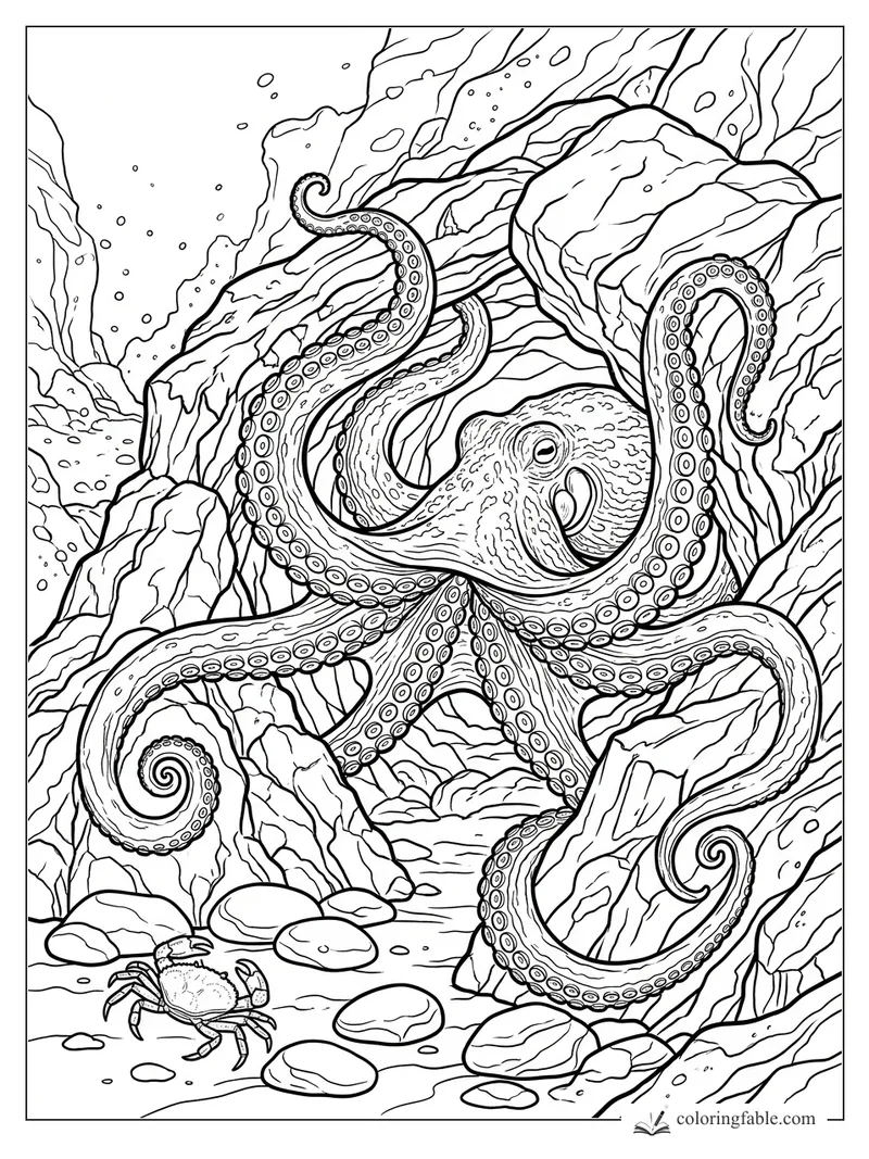 Realistic octopus with curled tentacles among canyon rocks and a small crab on the seafloor.