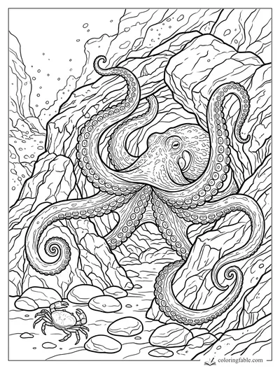 Realistic octopus with curled tentacles among canyon rocks and a small crab on the seafloor.