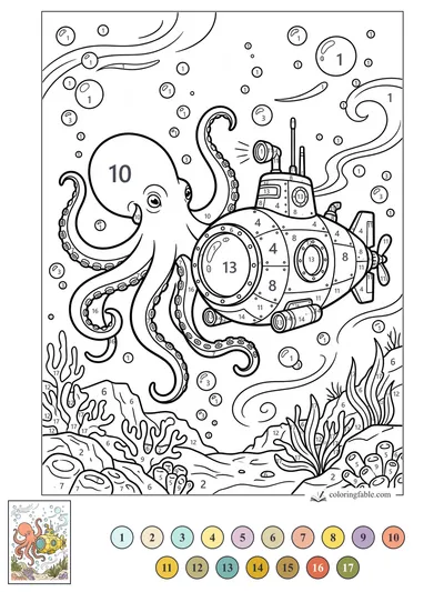Octopus Inspecting a Little Submarine — color by number