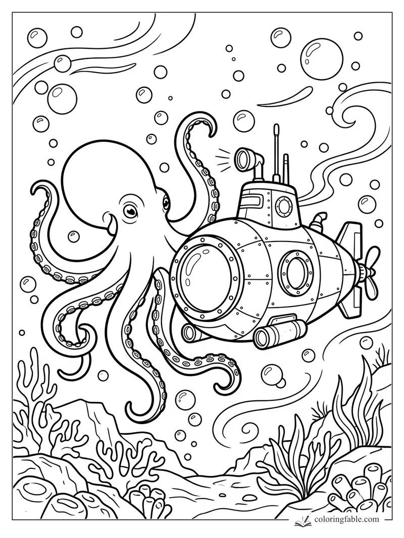 Curious octopus beside a riveted submarine with bubbles, seaweed, coral, and swirling currents