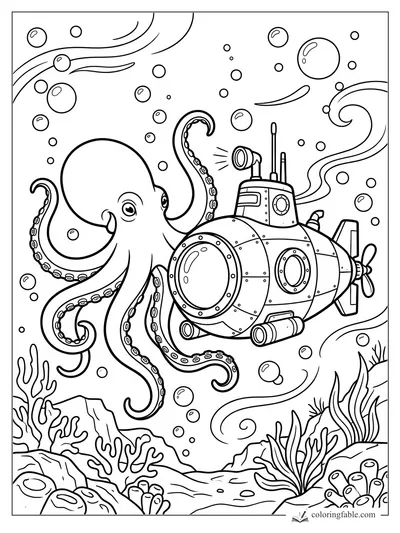 Curious octopus beside a riveted submarine with bubbles, seaweed, coral, and swirling currents