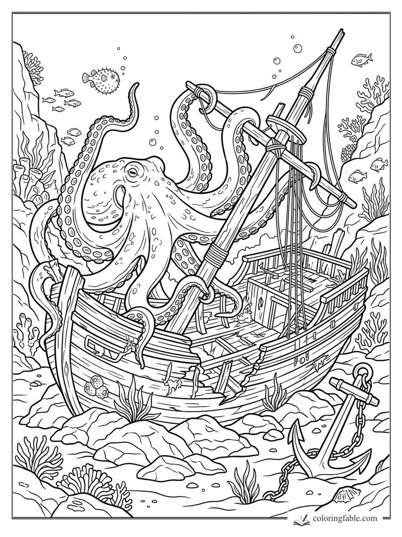 Realistic octopus wrapping its arms around a broken shipwreck mast on a coral reef