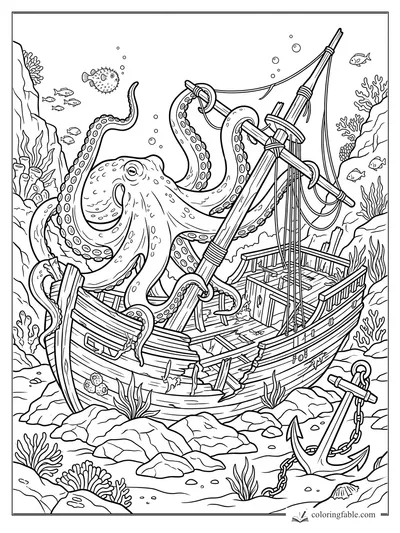 Realistic octopus wrapping its arms around a broken shipwreck mast on a coral reef
