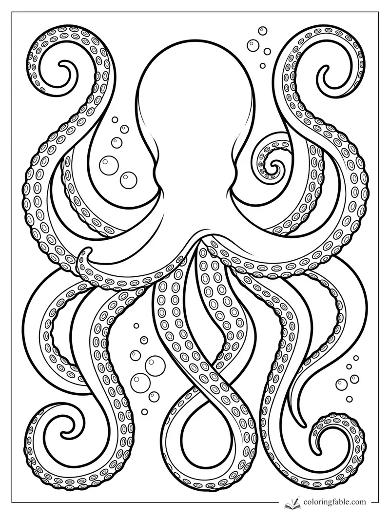 Octopus coloring page with eight curling tentacles, suction cups, and rising bubbles