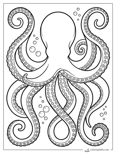 Octopus coloring page with eight curling tentacles, suction cups, and rising bubbles