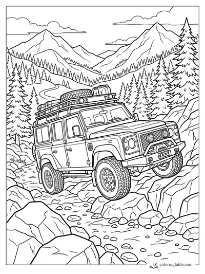 Off-road SUV with roof gear driving over rocks through pine forest and mountain peaks