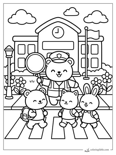 Smiling bear crossing guard with animal kids, school building, flag, flowers, clouds, and crosswalk.