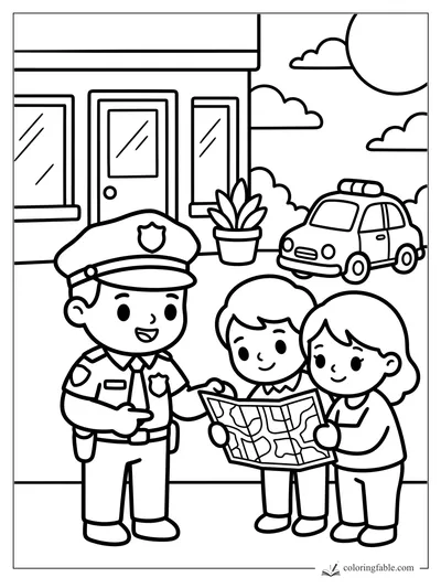 Police officer helping two children read a map outside a station with a patrol car nearby