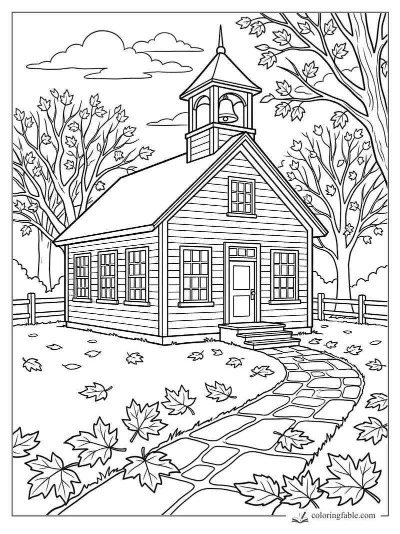 One-room schoolhouse with a bell tower, stone path, fence, clouds, and falling maple leaves
