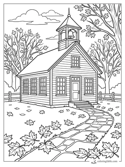 One-room schoolhouse with a bell tower, stone path, fence, clouds, and falling maple leaves