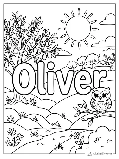 Oliver name coloring page with an owl, olive tree, rolling hills, sun, clouds, and flowers.