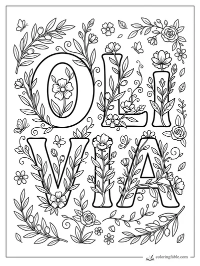 Floral OLIVIA name coloring page with bold letters, vines, roses, blossoms, leaves, and butterflies.