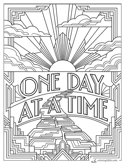 Art Deco coloring page with “One Day at a Time,” sun rays, clouds, stepping stones, and geometric border