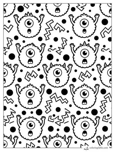 Kawaii one-eyed fuzzy monsters with raised arms, dots, and zigzag lightning bolts pattern