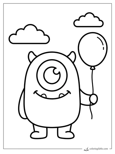 Cute one-eyed monster with small horns holding a balloon under two clouds