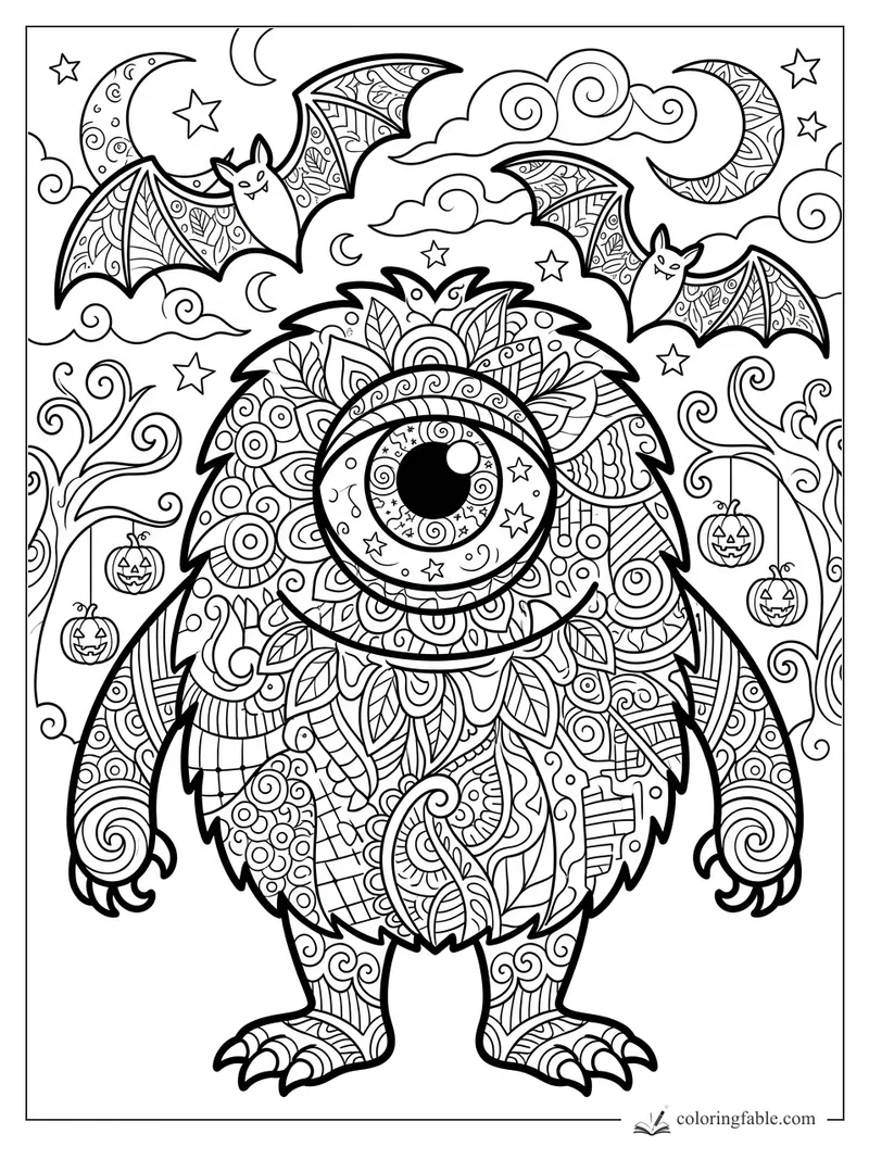 Intricate one-eyed zentangle monster with bats, crescent moons, stars, clouds, swirls, and pumpkin lanterns.