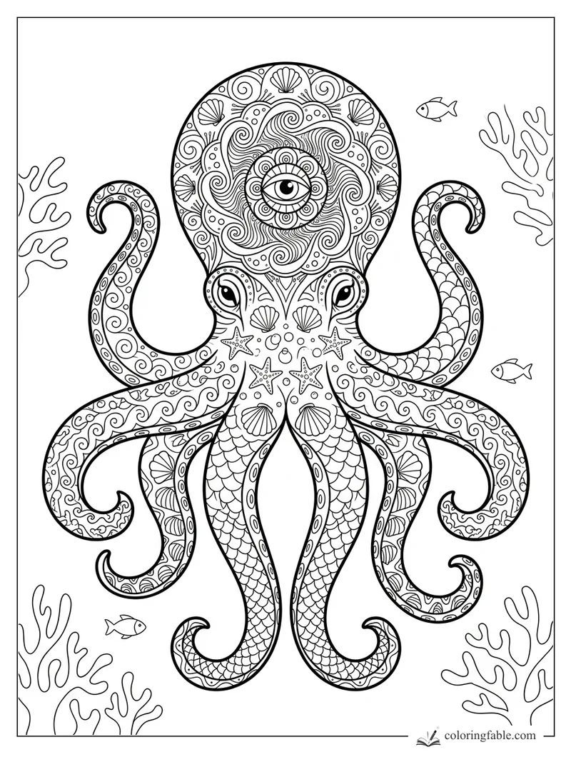 Intricate zentangle octopus with a single eye, curled tentacles, coral branches, shells, starfish, and small fish.