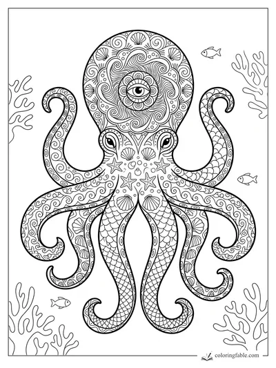 Intricate zentangle octopus with a single eye, curled tentacles, coral branches, shells, starfish, and small fish.